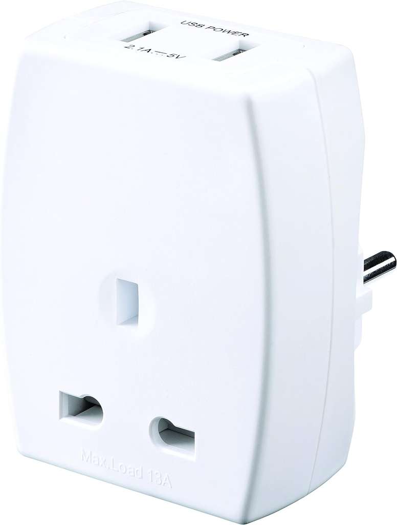 Masterplug UK to Europe Adaptor with USB Charger - Instore Newbury
